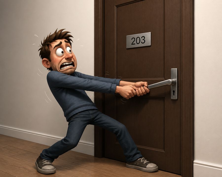 Personne tirant désespérément sur la poignée d'une porte fermée, illustration humoristique